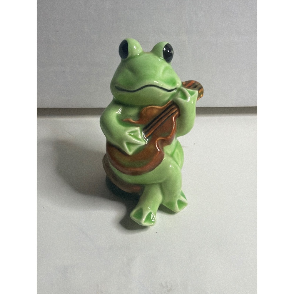 Vintage Ceramic Green Frog Figurine Playing Violin Made in Japan Glossy Glaze